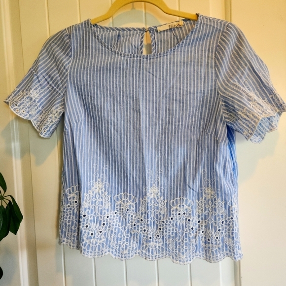 Tops - Blue and White Striped Blouse with Lace Hem From Revolve